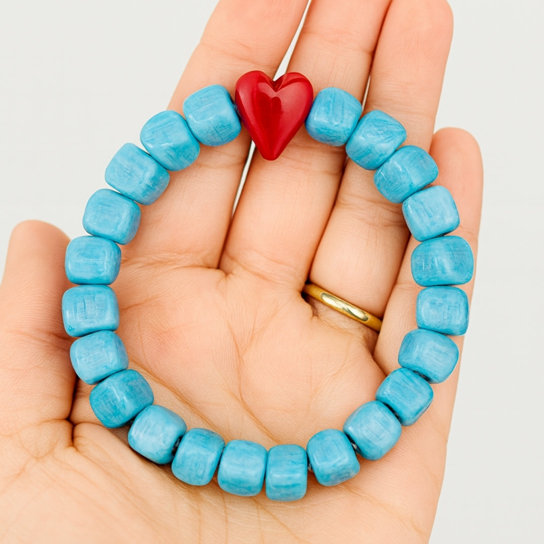 Heart of Sky Ceramic Love Bracelet Turquoise Ceramic Beads Red Heart Handmade Love Bracelet Symbolic Jewelry Meaningful Gift for Her