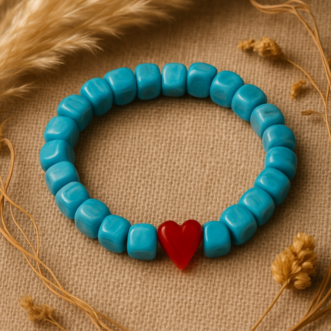 Heart of Sky Ceramic Love Bracelet Turquoise Ceramic Beads Red Heart Handmade Love Bracelet Symbolic Jewelry Meaningful Gift for Her