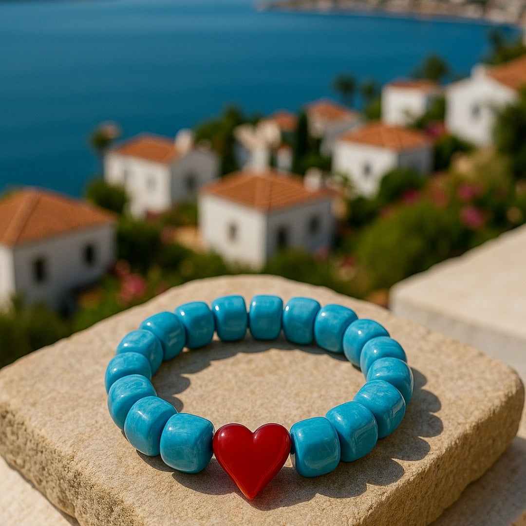 Heart of Sky Ceramic Love Bracelet Turquoise Ceramic Beads Red Heart Handmade Love Bracelet Symbolic Jewelry Meaningful Gift for Her