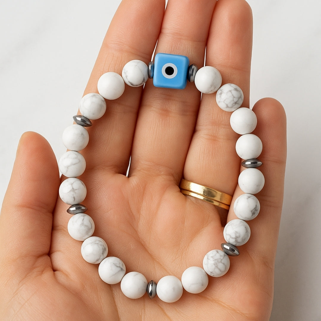 Howlite Evil Eye Bracelet 8mm with Hematite | Stellar Nazar Codex