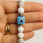 Howlite Evil Eye Bracelet 8mm with Hematite Jewelry Gift