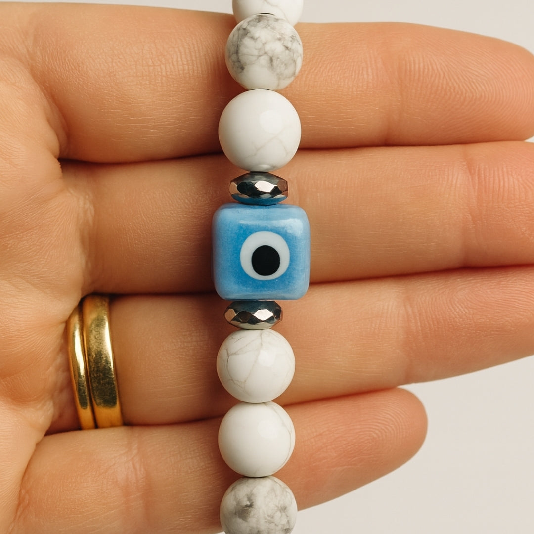 Howlite Evil Eye Bracelet 8mm with Hematite | Stellar Nazar Codex