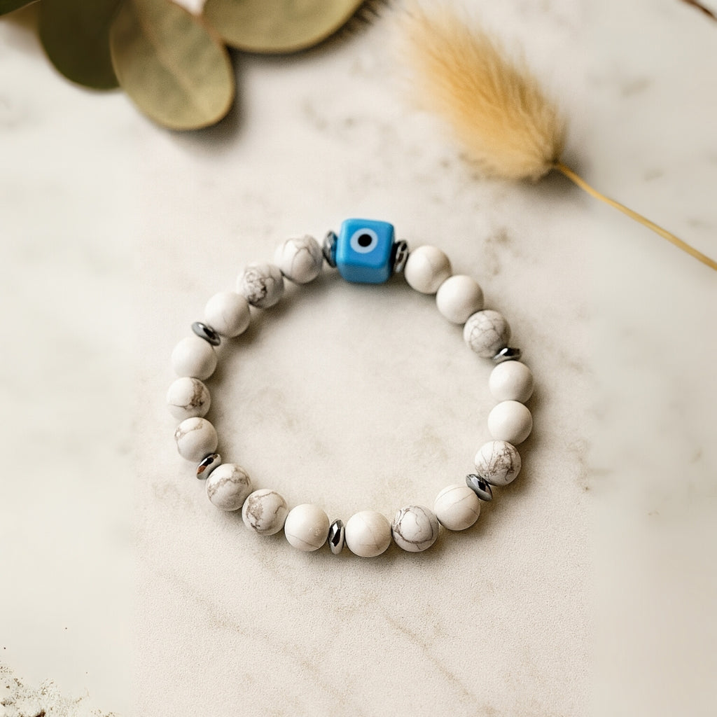 Howlite Evil Eye Bracelet 8mm with Hematite | Stellar Nazar Codex