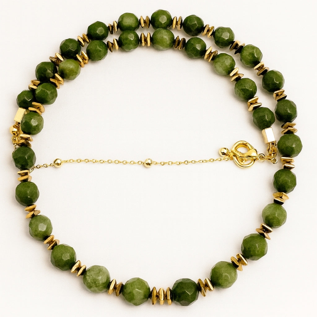Jade Faceted Abundance Necklace with Square Hematite 8mm