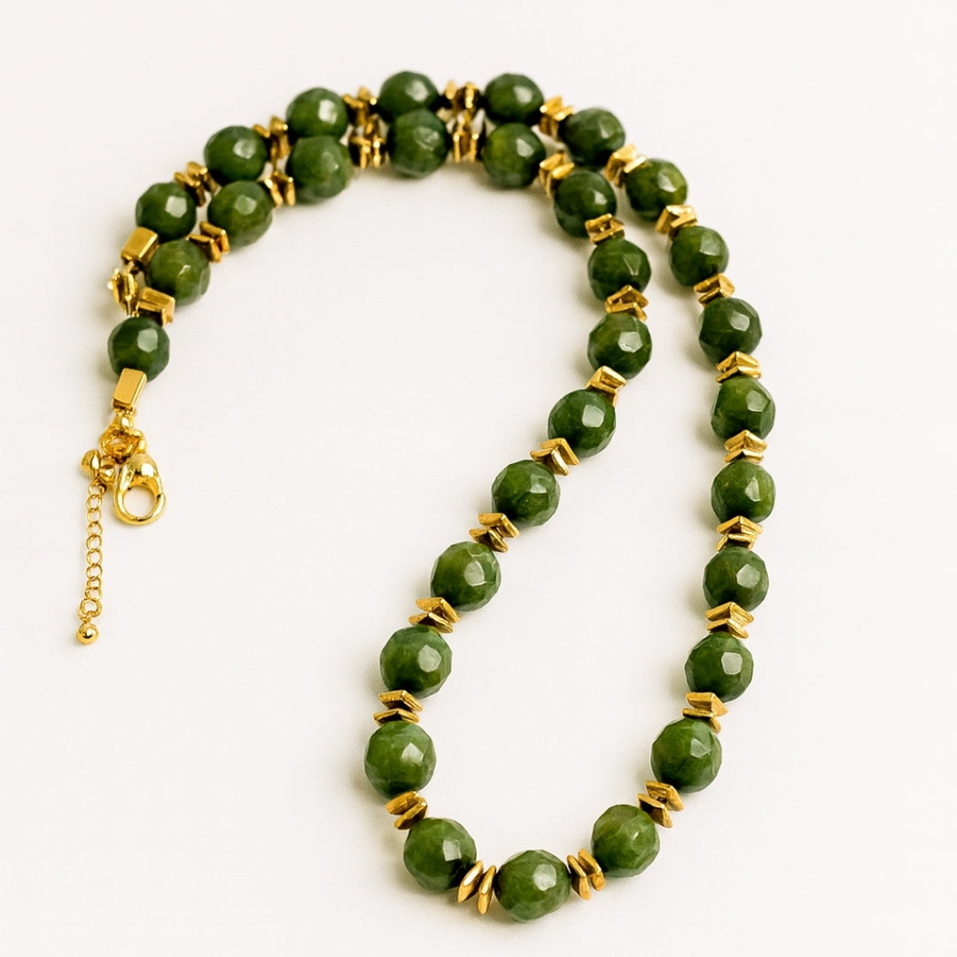 Jade Faceted Abundance Necklace with Square Hematite 8mm