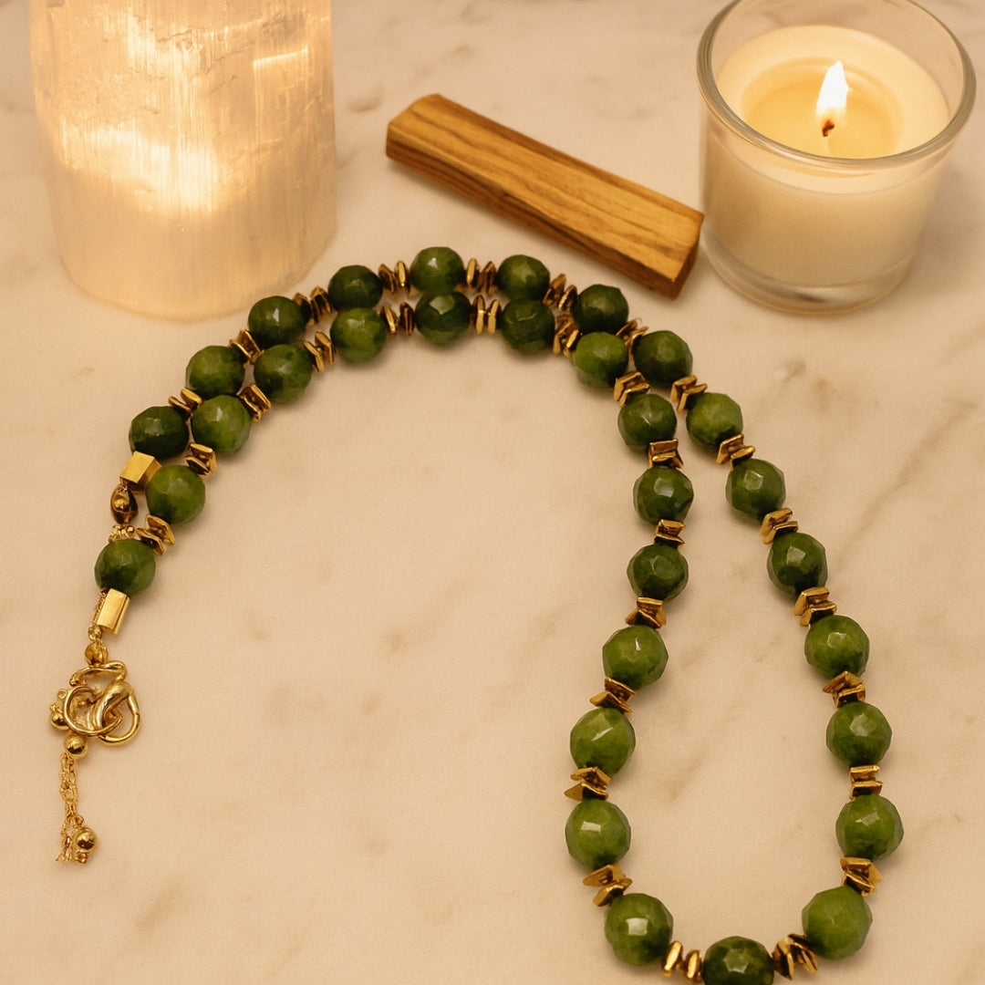 Jade Faceted Abundance Necklace with Square Hematite 8mm