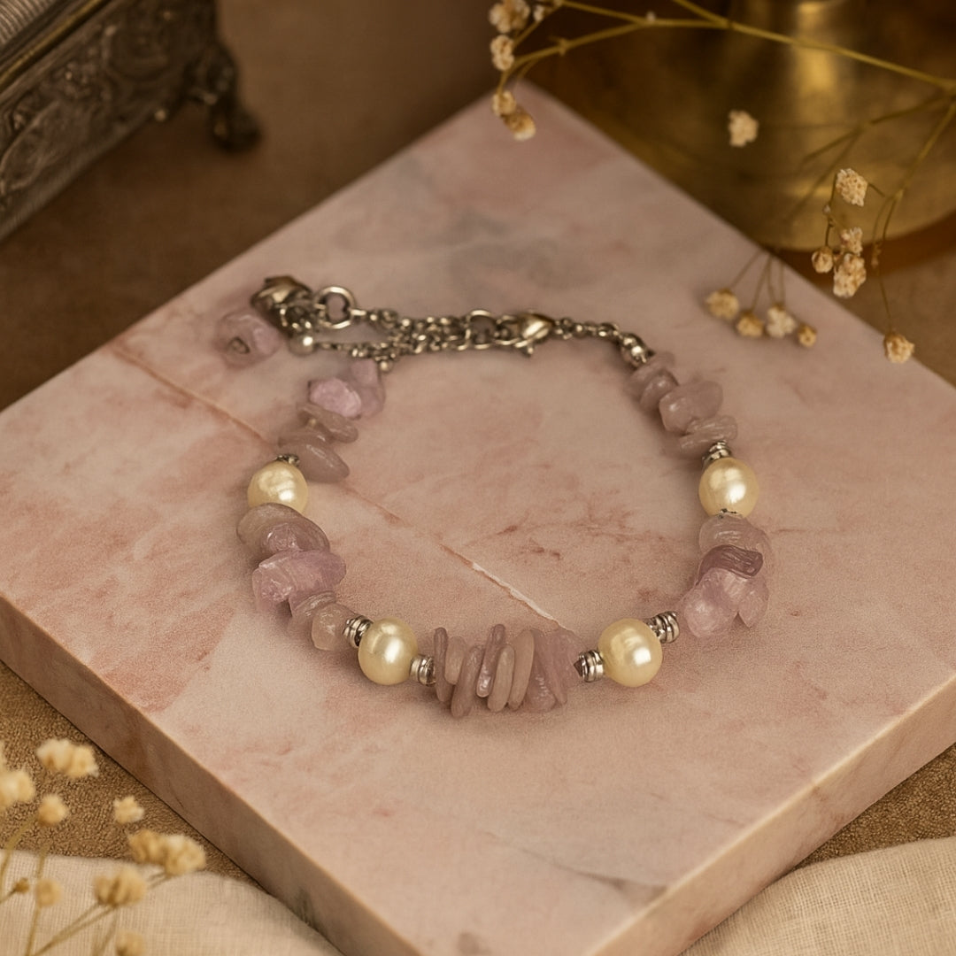 Kunzite Pearl Bracelet Natural Kunzite Jewelry Healing Crystal Bracelet Heart Chakra Jewelry Serenity Inner Light Gift for Her