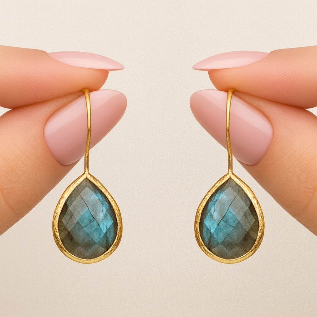Labradorite Drop Earrings | Natural Labradorite 18K Gold Plated Dangle Earrings