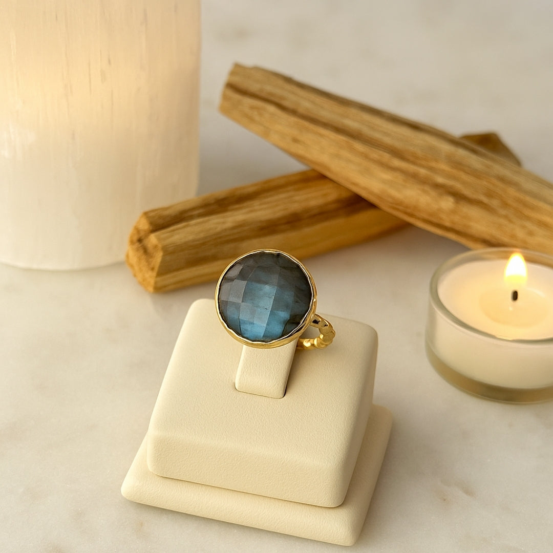 Minimal Labradorite Ring | 18K Gold Plated Adjustable Labradorite Jewelry | Healing Crystal Personalized Gift for Her