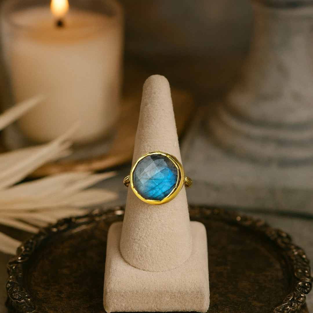 Minimal Labradorite Ring | 18K Gold Plated Adjustable Labradorite Jewelry | Healing Crystal Personalized Gift for Her