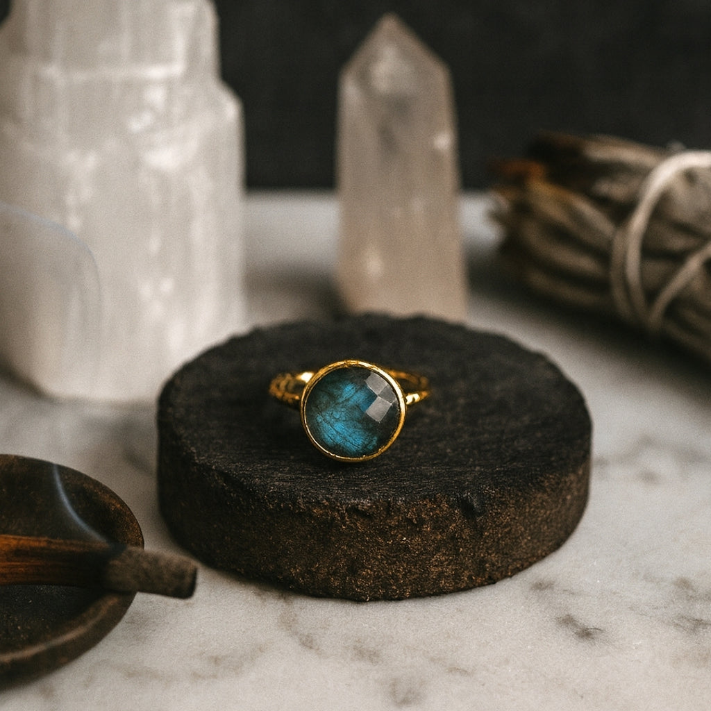 Minimal Labradorite Ring | 18K Gold Plated Adjustable Labradorite Jewelry | Healing Crystal Personalized Gift for Her