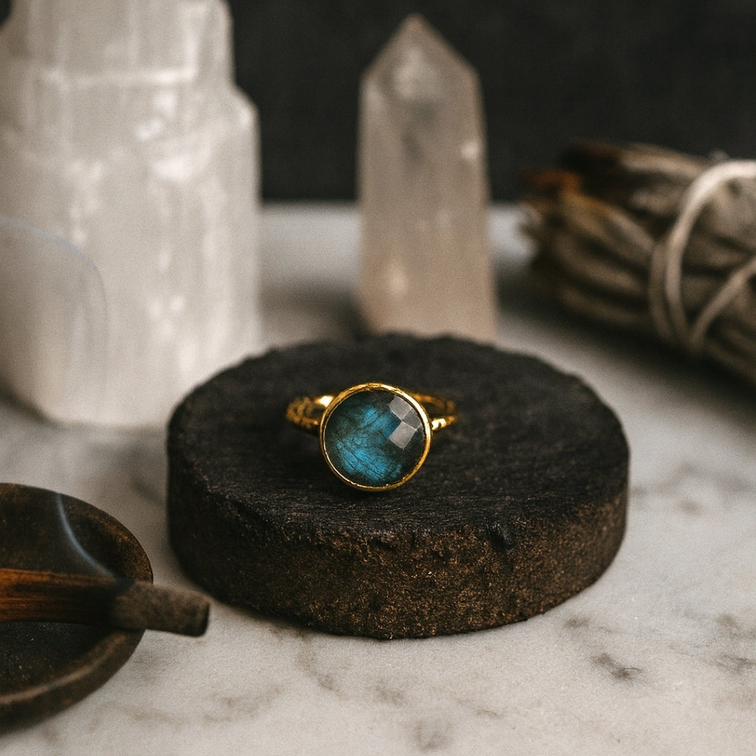 Minimal Labradorite Ring | 18K Gold Plated Adjustable Labradorite Jewelry | Healing Crystal Personalized Gift for Her