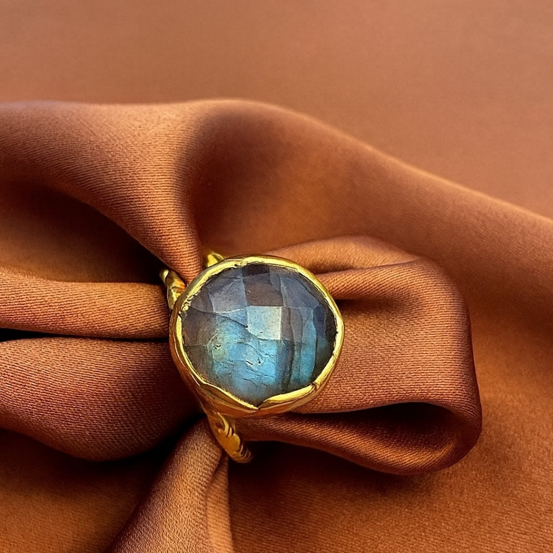 Minimal Labradorite Ring | 18K Gold Plated Adjustable Labradorite Jewelry | Healing Crystal Personalized Gift for Her