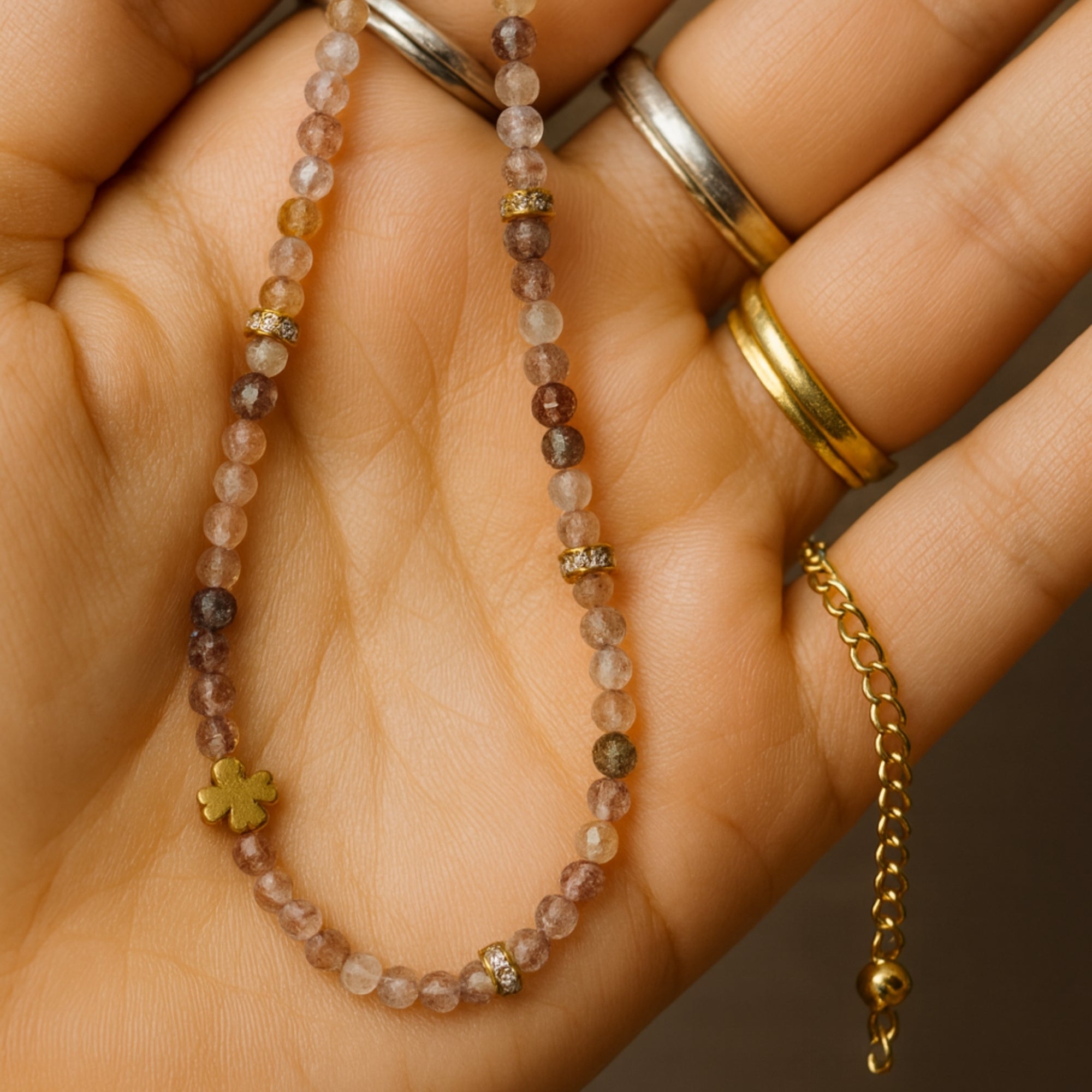 Strawberry Quartz Necklace 3mm Faceted Beads | Golden Clover Talisman Jewelry