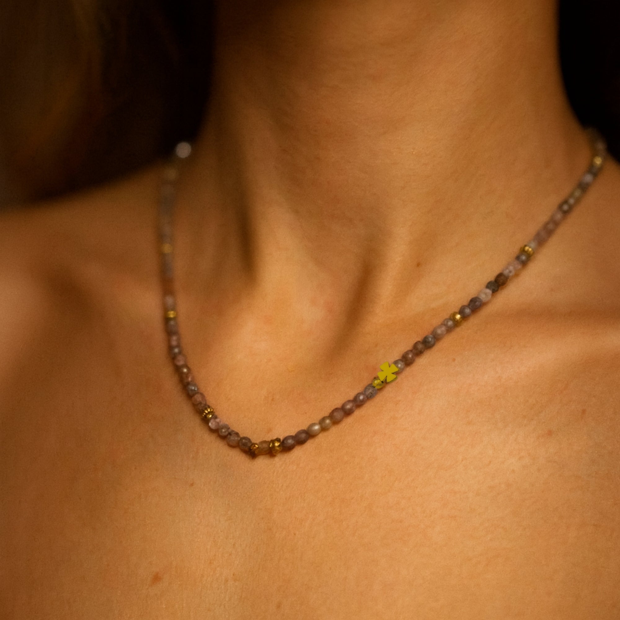 Strawberry Quartz Necklace 3mm Faceted Beads | Golden Clover Talisman Jewelry