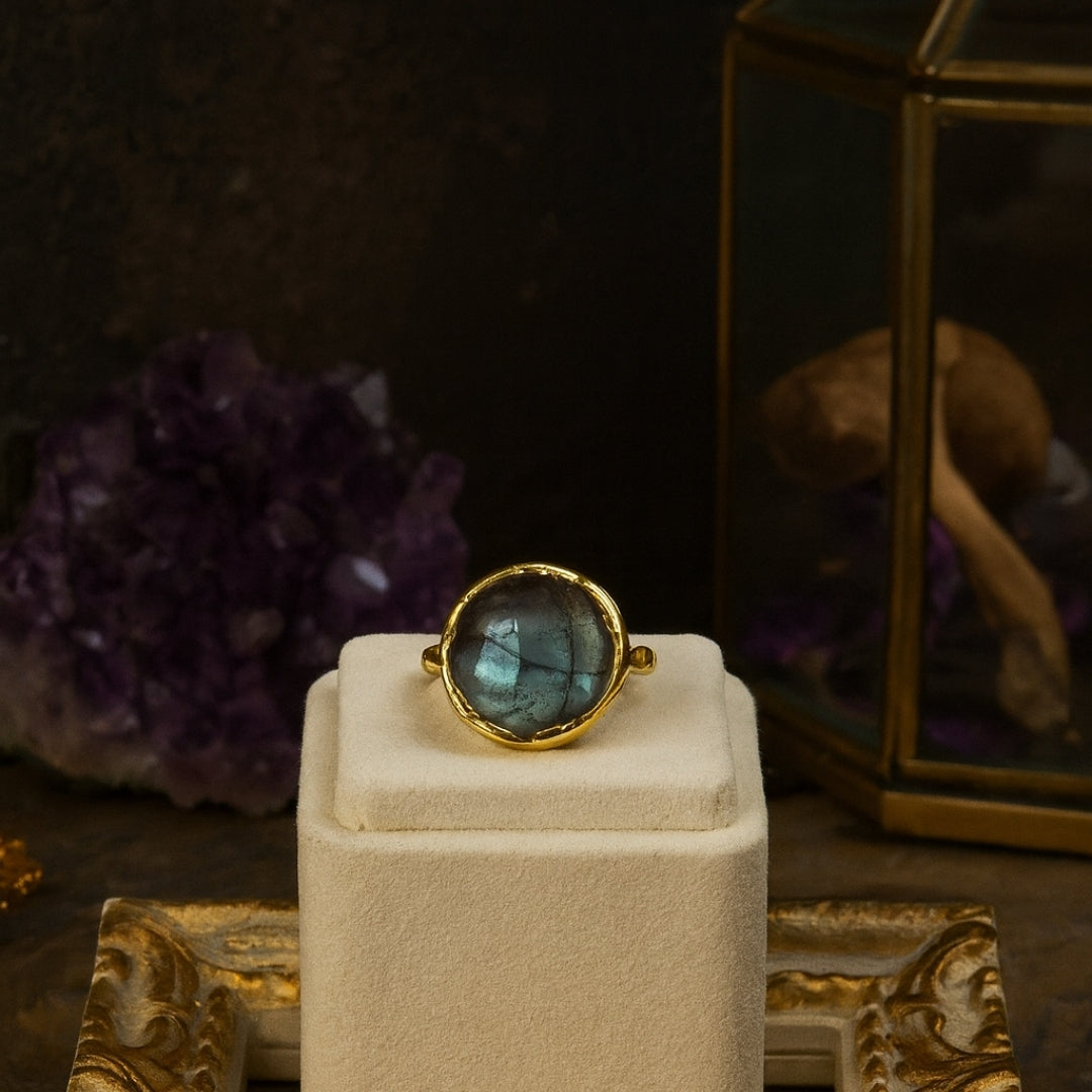 Minimal Labradorite Ring | 18K Gold Plated Adjustable Labradorite Jewelry | Healing Crystal Personalized Gift for Her