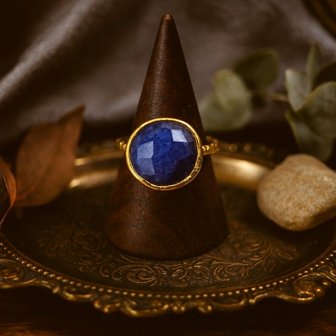 Tiamat’s Orb – Minimal Sapphire Ring | 18K Gold Plated Adjustable Sapphire Jewelry | Healing Crystal Personalized Gift for Her