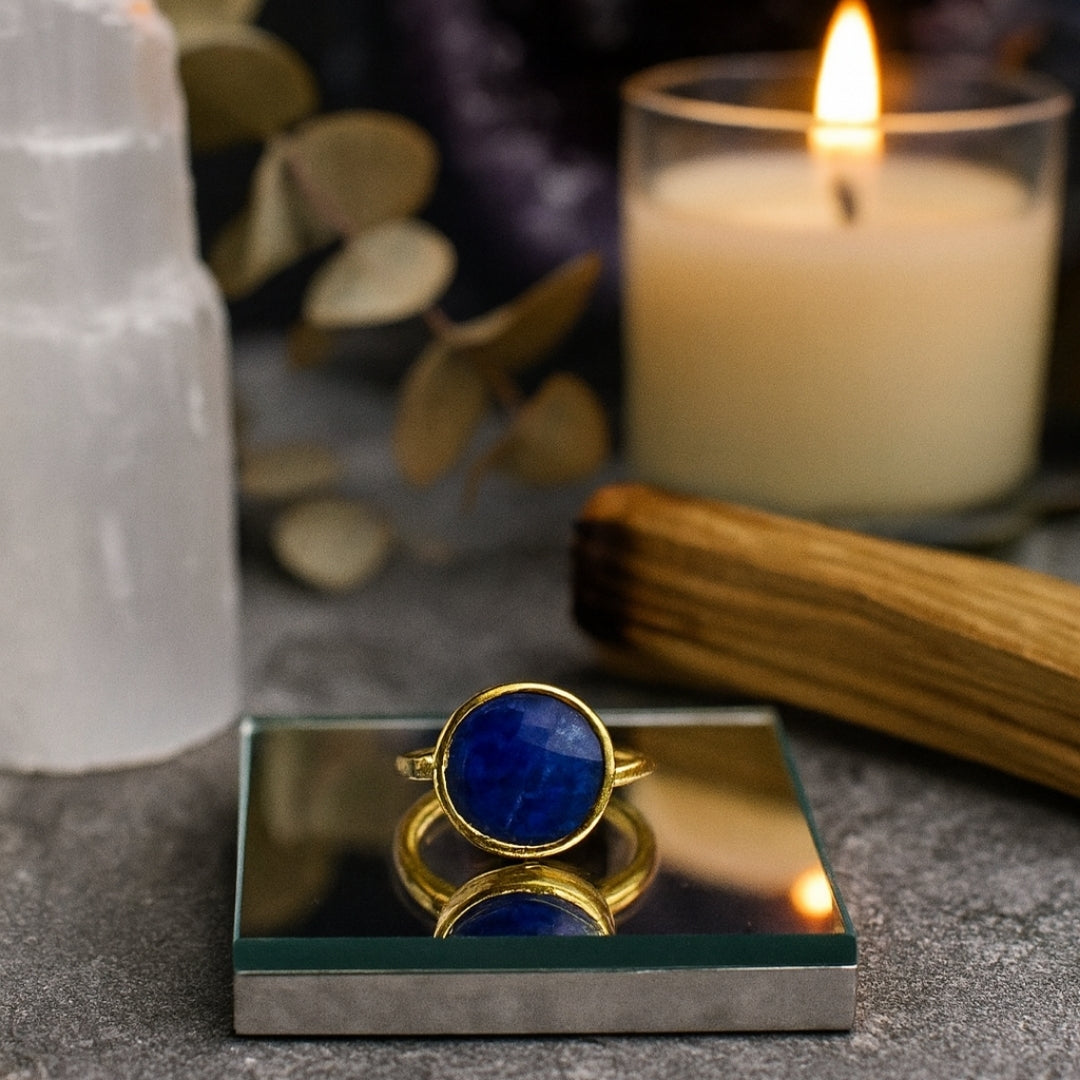 Tiamat’s Orb – Minimal Sapphire Ring | 18K Gold Plated Adjustable Sapphire Jewelry | Healing Crystal Personalized Gift for Her