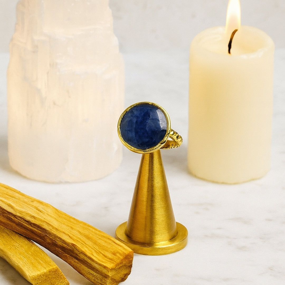 Tiamat’s Orb – Minimal Sapphire Ring | 18K Gold Plated Adjustable Sapphire Jewelry | Healing Crystal Personalized Gift for Her