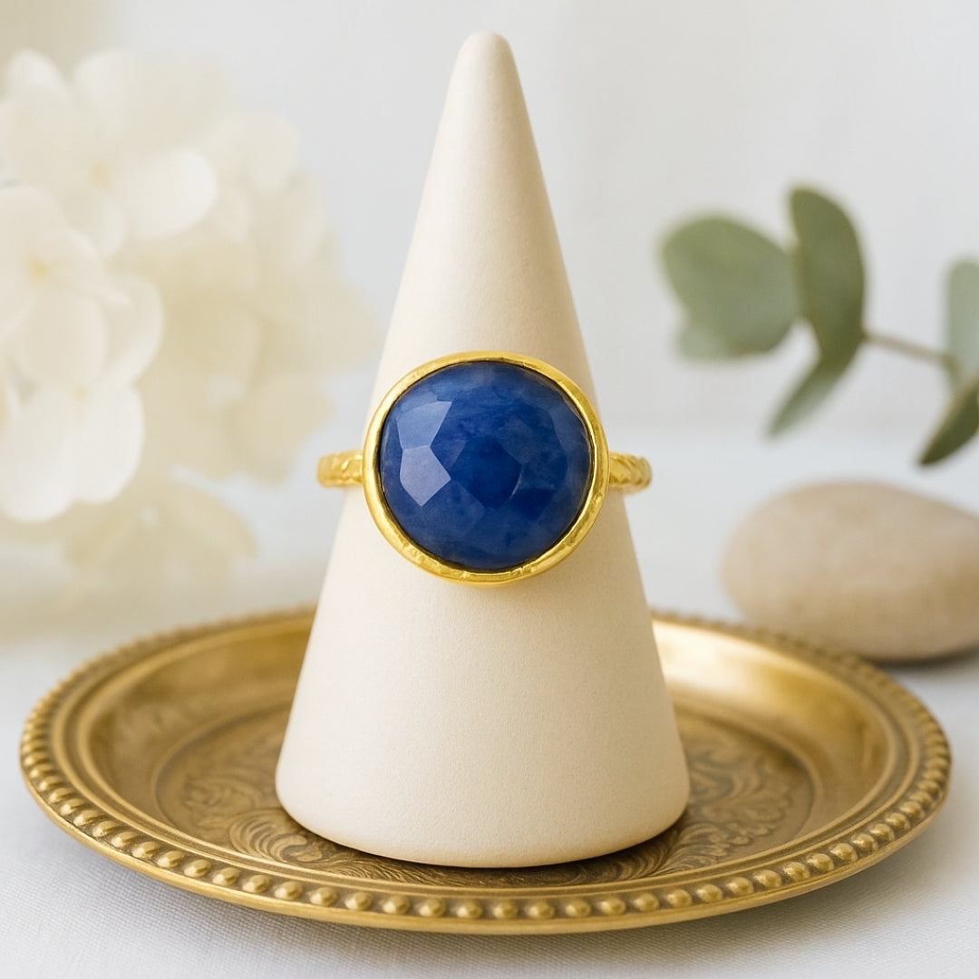 Tiamat’s Orb – Minimal Sapphire Ring | 18K Gold Plated Adjustable Sapphire Jewelry | Healing Crystal Personalized Gift for Her