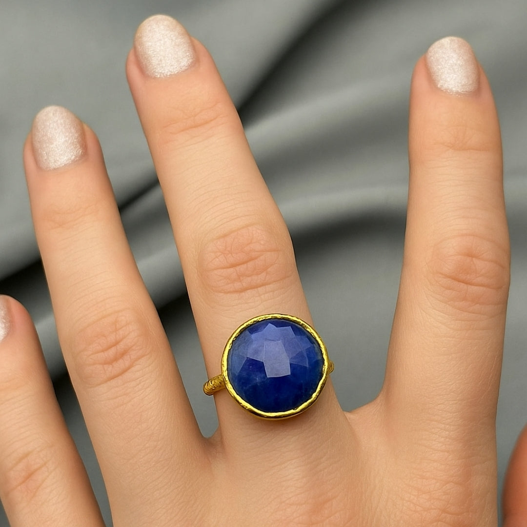Tiamat’s Orb – Minimal Sapphire Ring | 18K Gold Plated Adjustable Sapphire Jewelry | Healing Crystal Personalized Gift for Her
