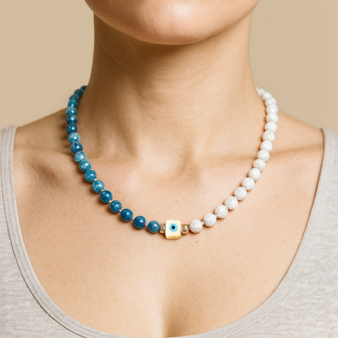 Moonstone Blue Apatite Necklace Weight Loss Jewelry Discipline Focus Calm Energy Evil Eye Protection Silver Talisman Handmade Gift for Her