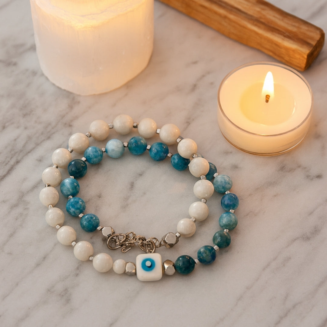Moonstone Blue Apatite Necklace Weight Loss Jewelry Discipline Focus Calm Energy Evil Eye Protection Silver Talisman Handmade Gift for Her
