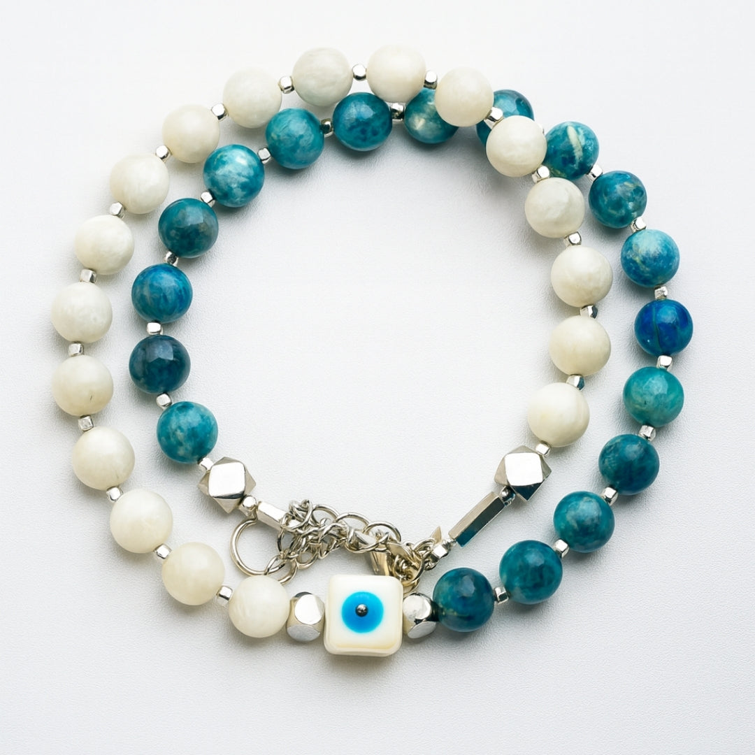 Moonstone Blue Apatite Necklace Weight Loss Jewelry Discipline Focus Calm Energy Evil Eye Protection Silver Talisman Handmade Gift for Her