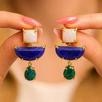 Moonstone Emerald Cat’s Eye Boho Statement Earrings | Natural Gemstone 18K Gold Plated Drop Earrings | Crystal Jewelry Gift for Her