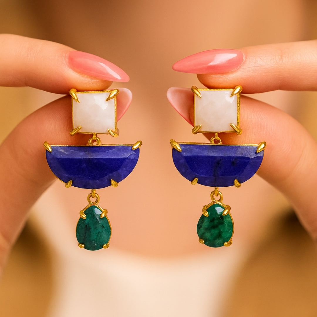 Moonstone Emerald Cat’s Eye Boho Statement Earrings | Natural Gemstone 18K Gold Plated Drop Earrings | Crystal Jewelry Gift for Her