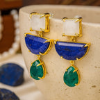 Moonstone Emerald Cat’s Eye Boho Statement Earrings | Natural Gemstone 18K Gold Plated Drop Earrings | Crystal Jewelry Gift for Her