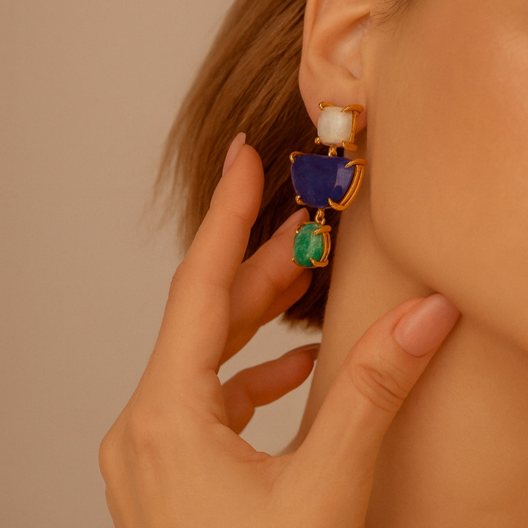 Moonstone Emerald Cat’s Eye Boho Statement Earrings | Natural Gemstone 18K Gold Plated Drop Earrings | Crystal Jewelry Gift for Her