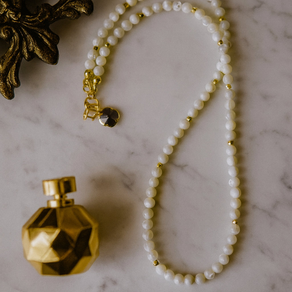 Nacre Moonlight Seal Dainty Necklace | 4mm Mother of Pearl & Gold Spacer