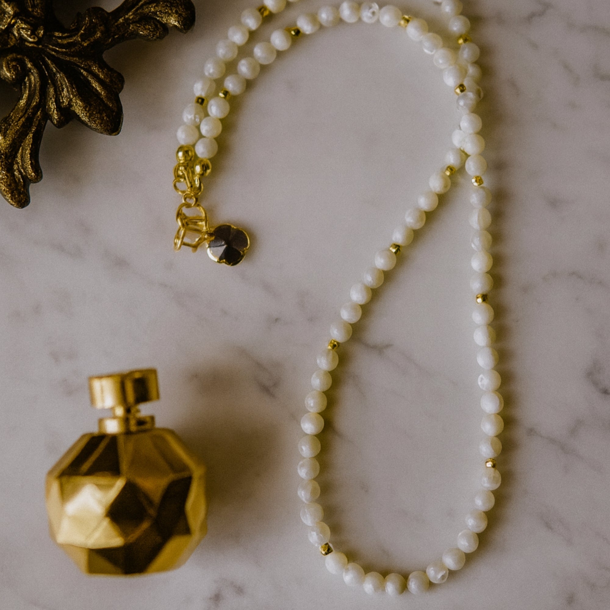Nacre Moonlight Seal Dainty Necklace | 4mm Mother of Pearl & Gold Spacer