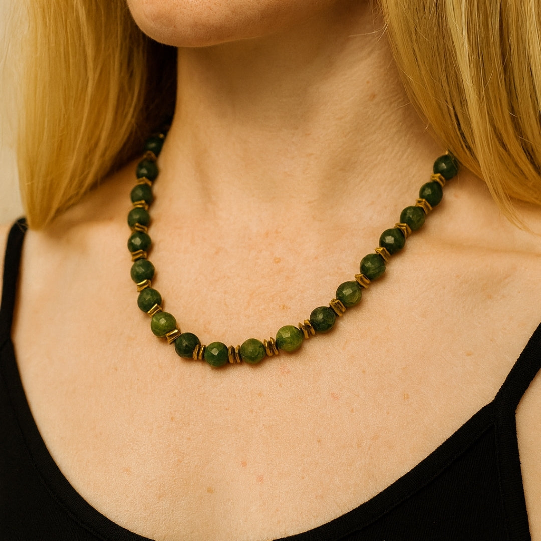 Jade Faceted Abundance Necklace with Square Hematite 8mm