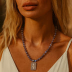 Labradorite Necklace 925 Silver Fleur-de-Lis Pendant | 8mm Hand-Knotted Beads