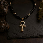 Obsidian Seal of Ankh |Silver Obsidian Hematite Necklace 6 mm