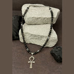 Obsidian Seal of Ankh |Silver Obsidian Hematite Necklace 6 mm
