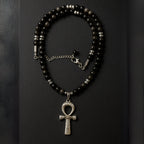 Obsidian Seal of Ankh |Silver Obsidian Hematite Necklace 6 mm