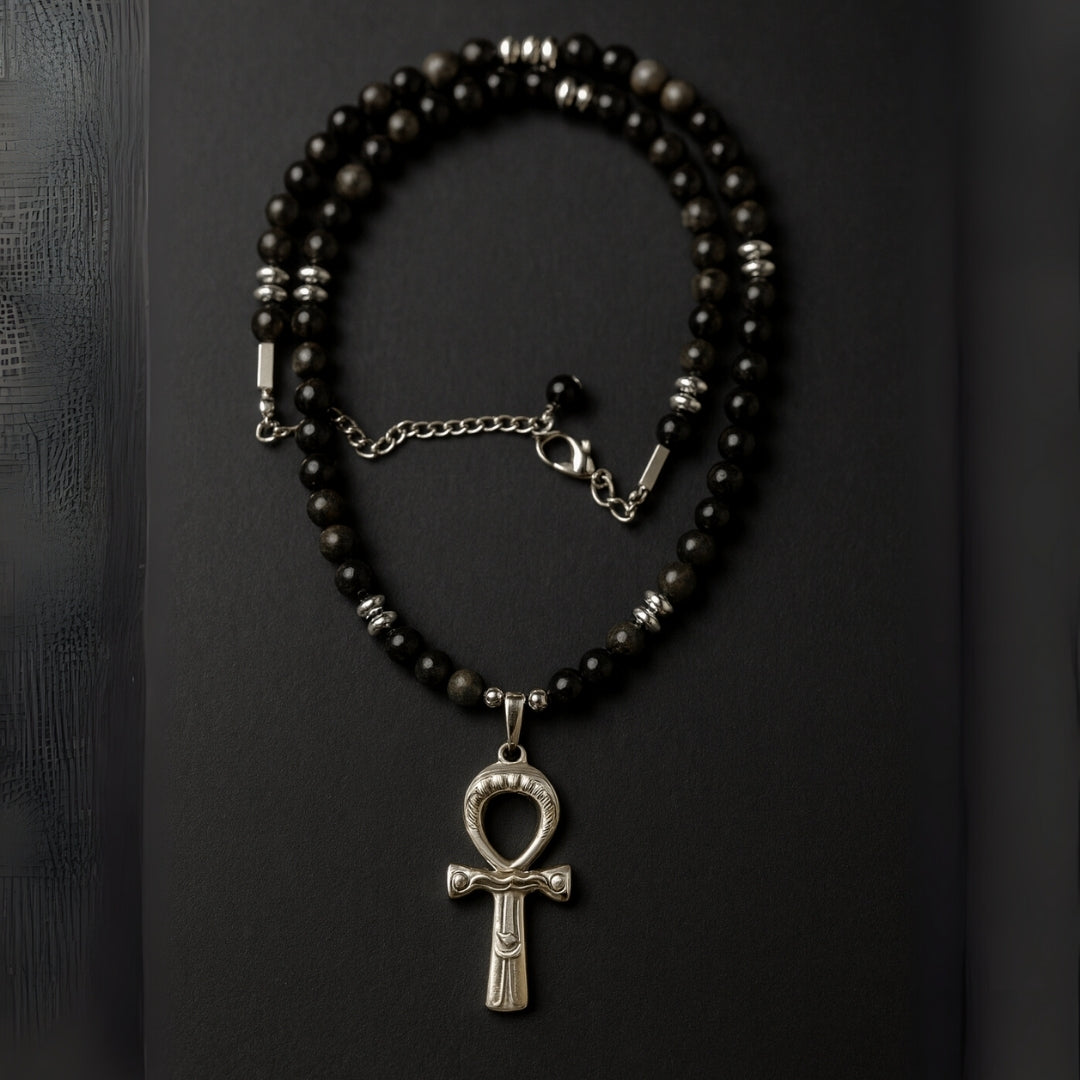 Obsidian Seal of Ankh |Silver Obsidian Hematite Necklace 6 mm