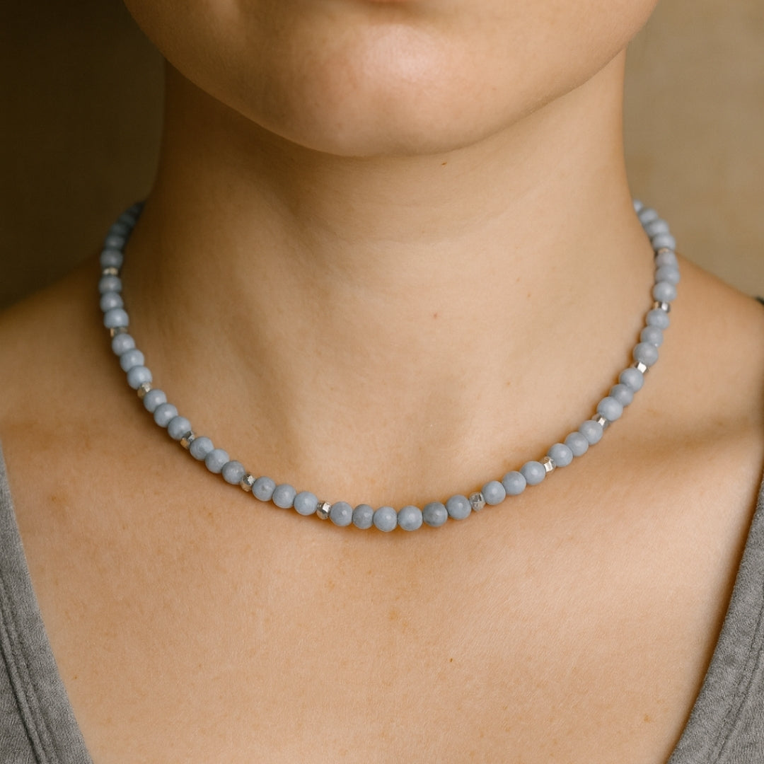 Angelite Faceted Crystal Necklace 6mm Calm Energy Communication Serenity Angelic Protection Angelic Guidance Talisman Handmade Gift for Her