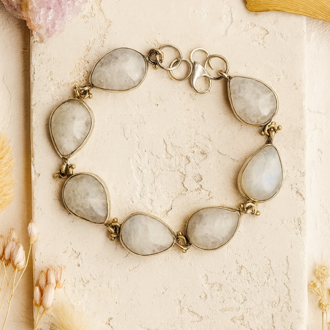 Rainbow Moonstone 925 Silver Bracelet Full Flash Intuition Balance Feminine Energy Lunar Wisdom Healing Protection Handmade Gift Jewelry