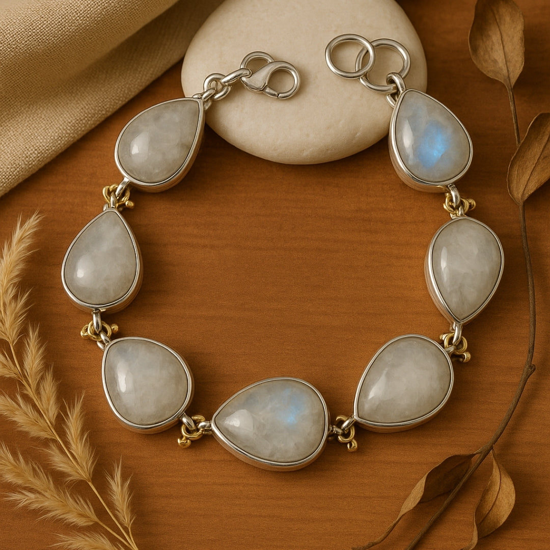Rainbow Moonstone 925 Silver Bracelet Full Flash Intuition Balance Feminine Energy Lunar Wisdom Healing Protection Handmade Gift Jewelry