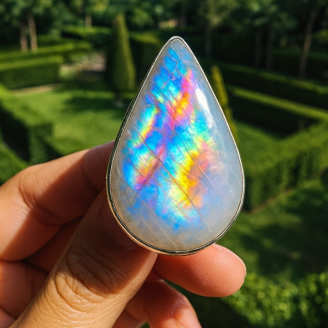 Rainbow Moonstone Ring Selene Spectrum Adjustable 925 Sterling Silver Full Flash Crystal Healing Jewelry for Intuition Balance Goddess Gift