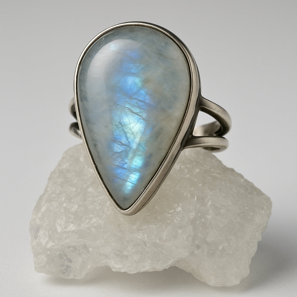 Rainbow Moonstone Ring Selene Spectrum Adjustable 925 Sterling Silver Full Flash Crystal Healing Jewelry for Intuition Balance Goddess Gift