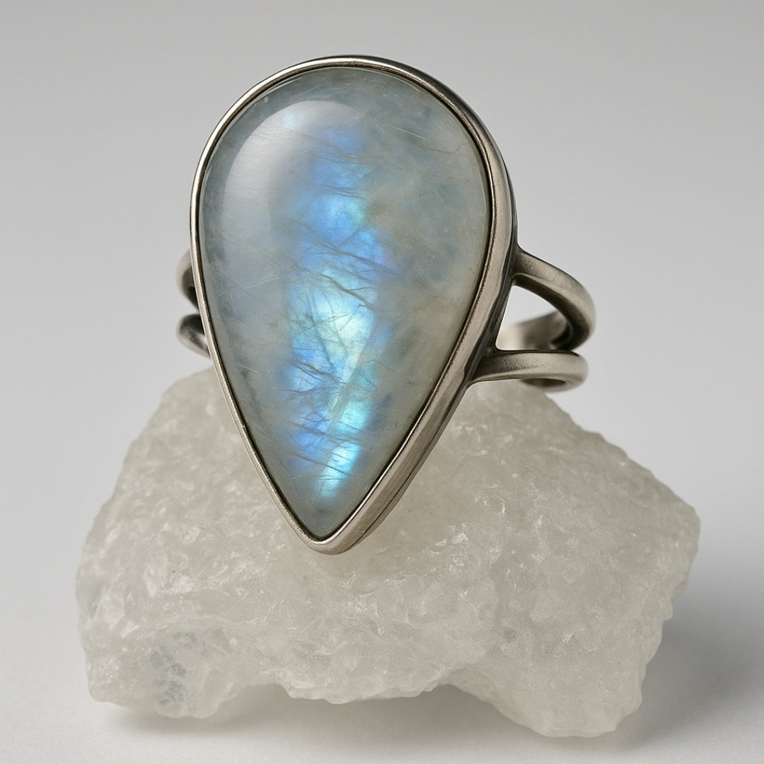 Rainbow Moonstone Ring Selene Spectrum Adjustable 925 Sterling Silver Full Flash Crystal Healing Jewelry for Intuition Balance Goddess Gift