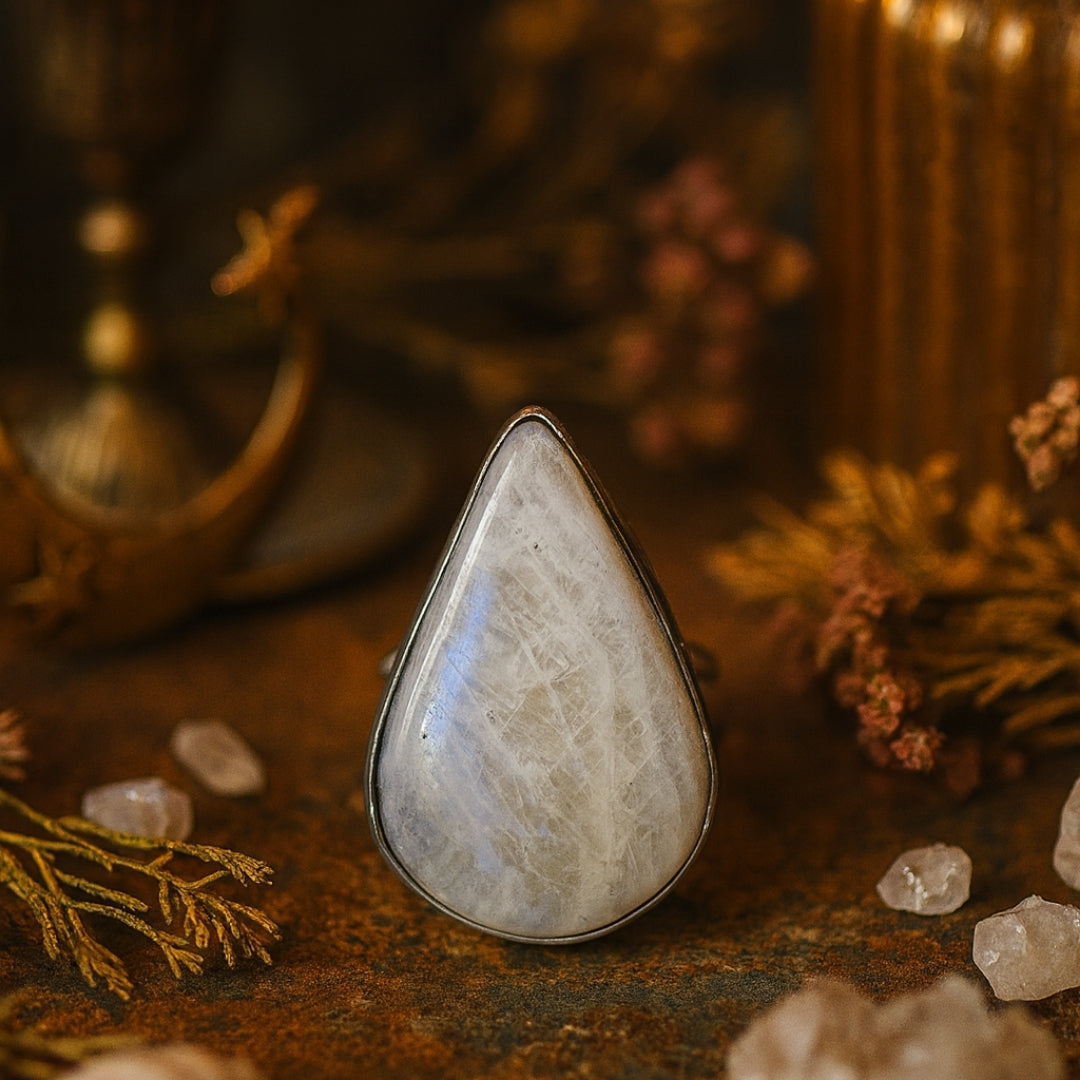 Rainbow Moonstone Ring Selene Spectrum Adjustable 925 Sterling Silver Full Flash Crystal Healing Jewelry for Intuition Balance Goddess Gift