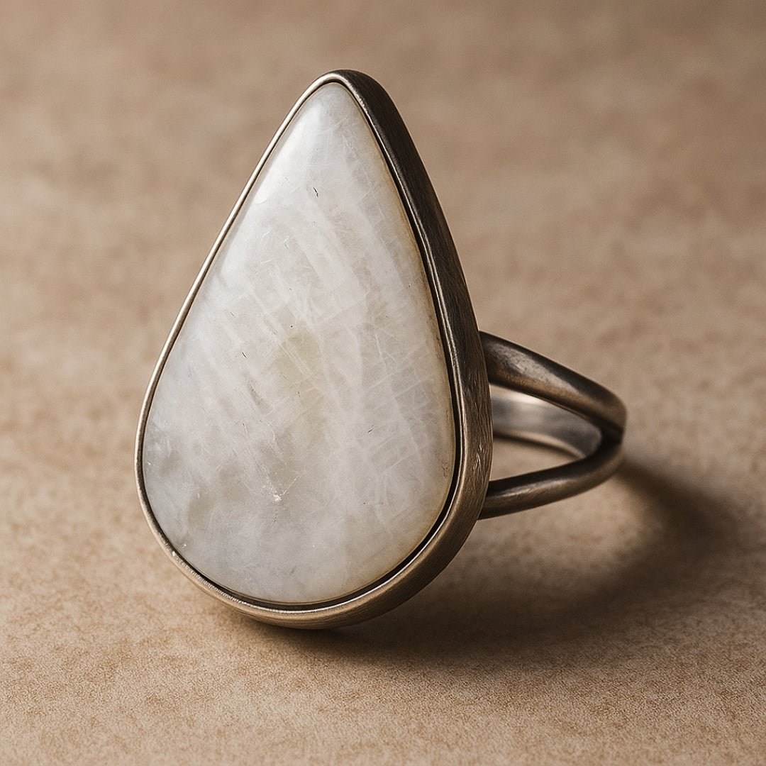 Rainbow Moonstone Ring Selene Spectrum Adjustable 925 Sterling Silver Full Flash Crystal Healing Jewelry for Intuition Balance Goddess Gift