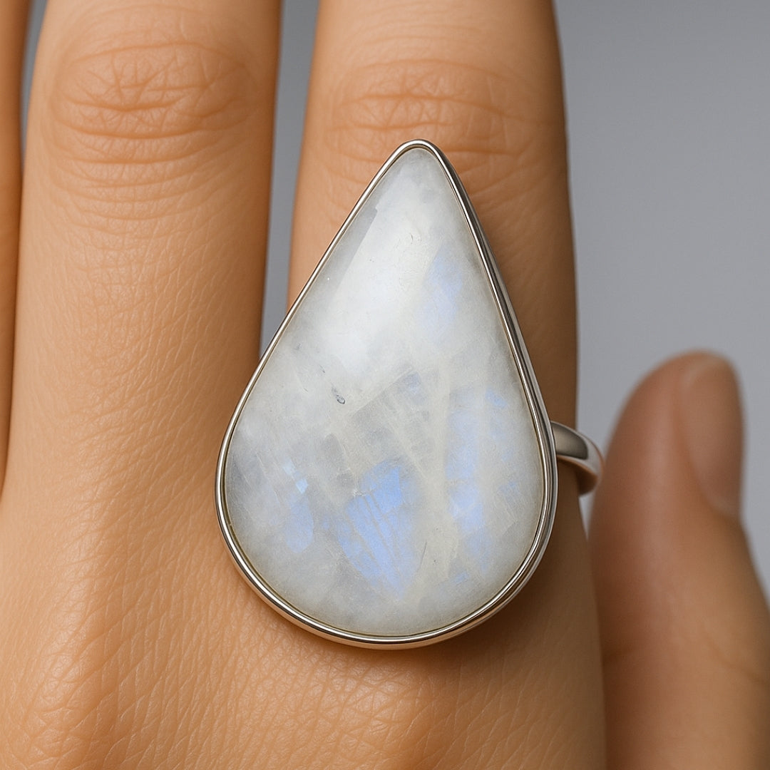 Rainbow Moonstone Ring Selene Spectrum Adjustable 925 Sterling Silver Full Flash Crystal Healing Jewelry for Intuition Balance Goddess Gift