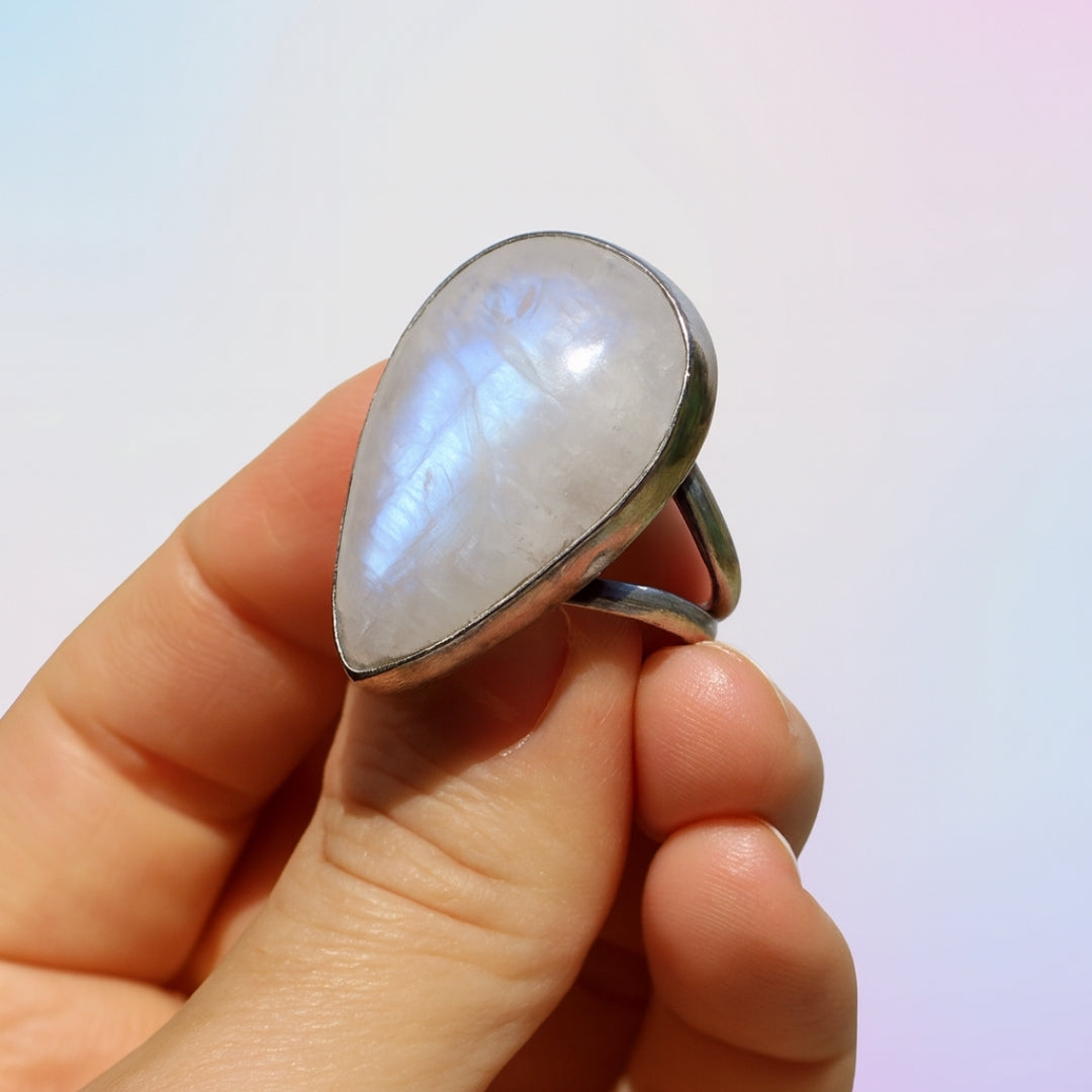 Rainbow Moonstone Ring Selene Spectrum Adjustable 925 Sterling Silver Full Flash Crystal Healing Jewelry for Intuition Balance Goddess Gift